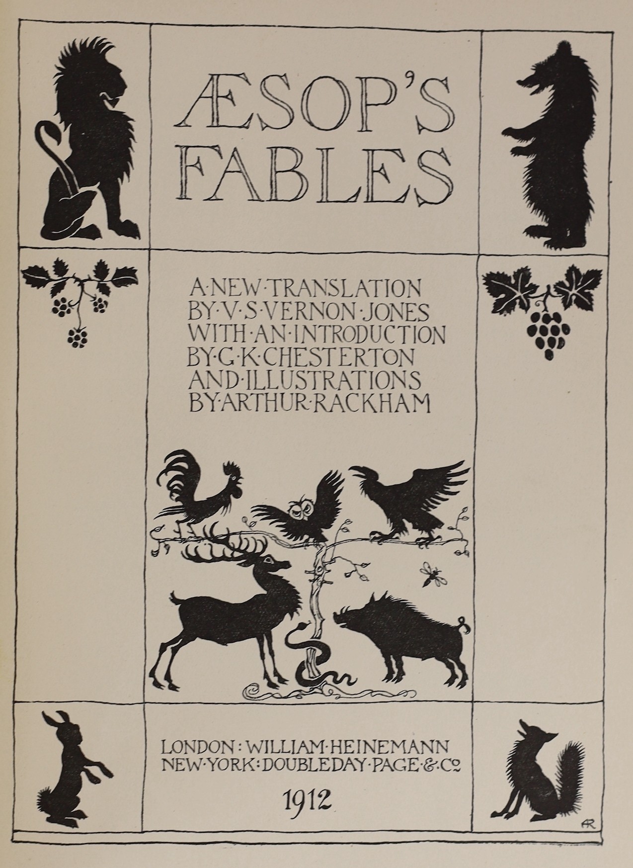 Aesop - Fables. A new translation by V.S. Vernon Jones, with an introduction by G.K. Chesterton. 13 coloured plates (with captioned guards), num. text illus. & coloured pictorial e/ps. (by Arthur Rackham). 1st trade edit
